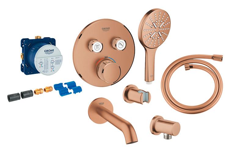 Grohe komplet indbygningspakke til badekar inkl termostat & SmartActive h&aring;ndbruser - B&oslash;rstet Warm Sunset