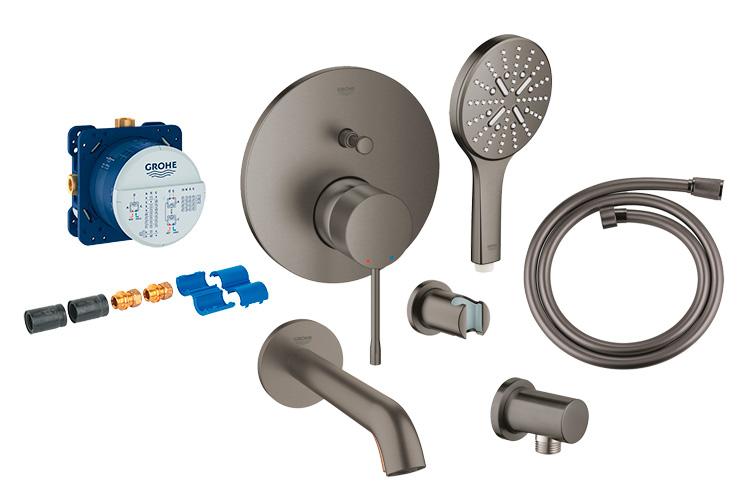 Grohe Essence komplet indbygningspakke m/SmartActive h&aring;ndbruser til badekar - B&oslash;rstet hard graphite