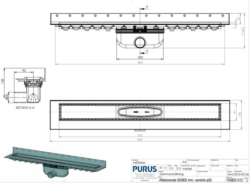 Purus Line komplet afl&oslash;bspakke 800 mm - Vandret udl&oslash;b &Oslash;50 - Rustfrit st&aring;l