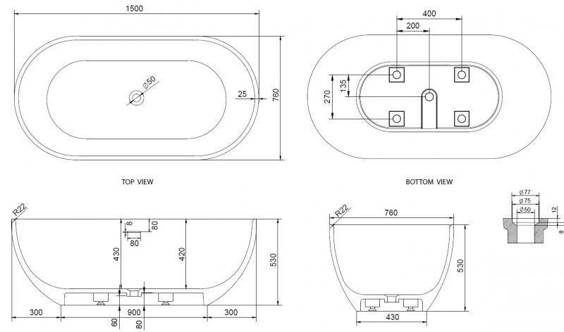 Ideavit Solidera fritst&aring;ende badekar 1500 x 530 mm - Mat hvid