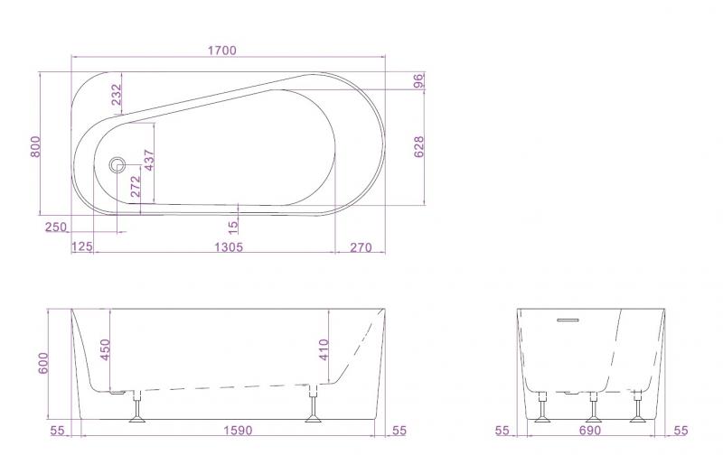 Ideavit Viva fritst&aring;ende badekar 1700 x 800 mm - Mat hvid