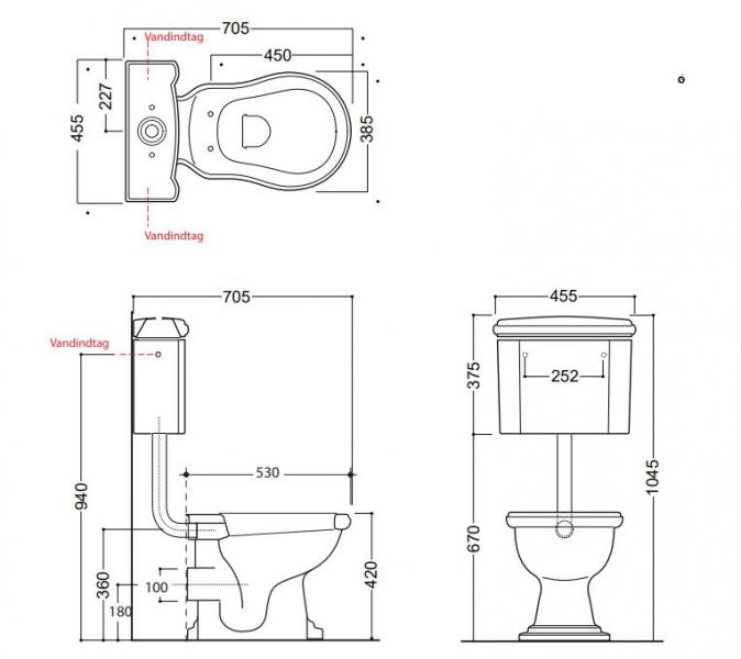 Lavabo Retro Low toilet med messing r&oslash;r og P-l&aring;s - Blank Sort