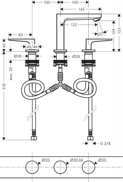 hansgrohe Metropol 110 3-huls h&aring;ndvaskarmatur m/push-open bundventil - Krom