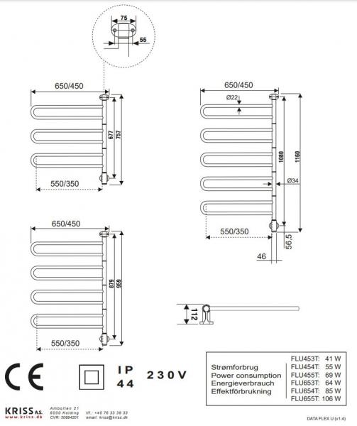 Kriss Flex U H&aring;ndkl&aelig;det&oslash;rrer m/4 arme - 45x95,6 cm - Krom