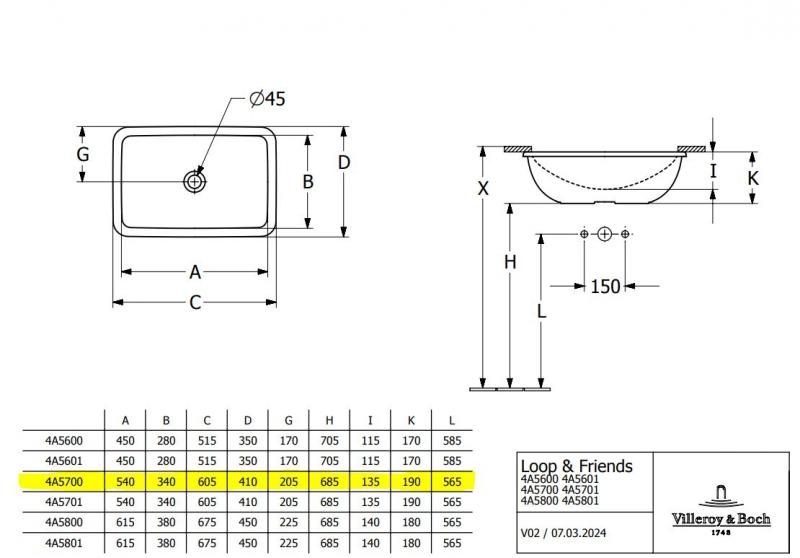 Villeroy & Boch Loop/Friends 54 h&aring;ndvask t/underlimning - Med overl&oslash;b - C+