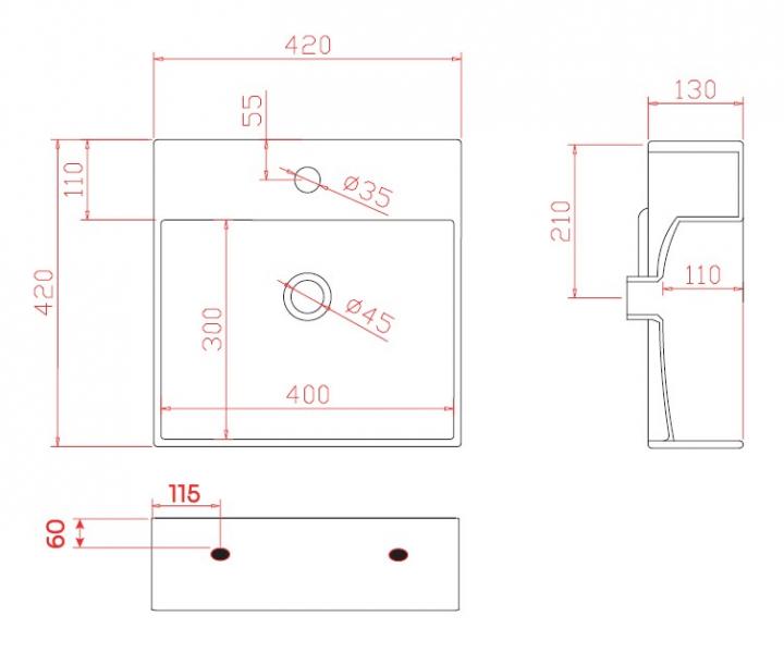 Lavabo Boxo 42 h&aring;ndvask t/v&aelig;g eller bord - 1 hanehul
