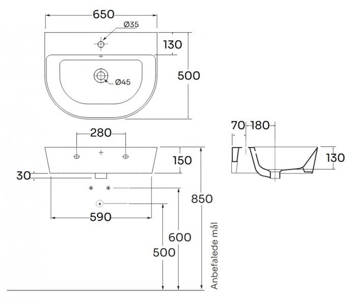 Lavabo Forma 65 h&aring;ndvask t/v&aelig;g eller m&oslash;bel - 1 hanehul - Ash