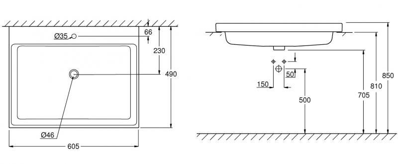 Grohe Cube 60 h&aring;ndvask t/nedf&aelig;ldning - 1/3 hanehuller - Med overl&oslash;b - PureGuard