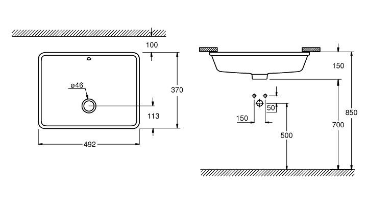 Grohe Cube 50 h&aring;ndvask t/underlimning - Med overl&oslash;b - PureGuard
