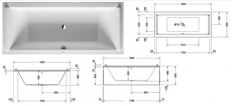 Duravit Starck badekar t/indbygning - 180 x 80 - 2 rygl&aelig;n