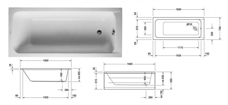 Duravit D-Code badekar t/indbygning - 160 x 70 - 1 rygl&aelig;n