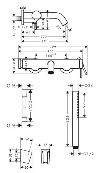 hansgrohe Tecturis komplet badekararmatur m/Eco slim h&aring;ndbruser - B&oslash;rstet bronze