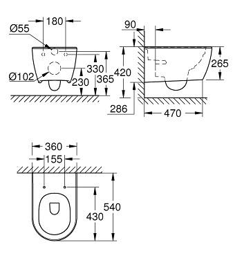 Grohe Essence Rimless toiletpakke inkl. s&aelig;de m/soft-close, mellem cisterne og messing betjening