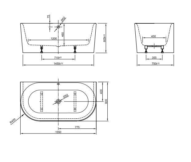 Str&oslash;mberg Siena Back-To-Wall badekar - 1550 x 800 mm - Hvid
