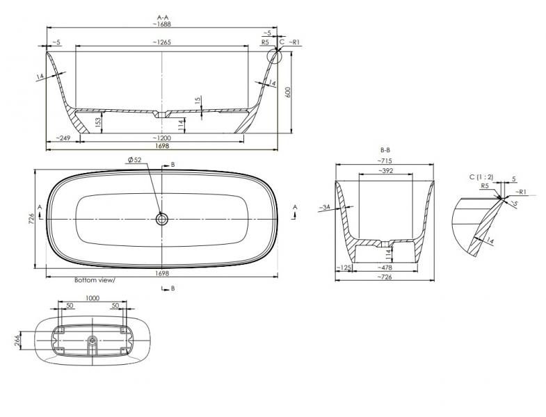 Str&oslash;mberg Vadum fritst&aring;ende badekar 1700 x 750 mm - Mat hvid
