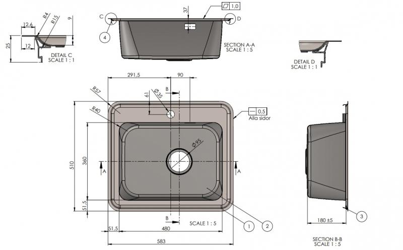 Outlet - Intra Eligo manual EL58-M k&oslash;kkenvask - Rustfrit st&aring;l - 1 stk. tilbage