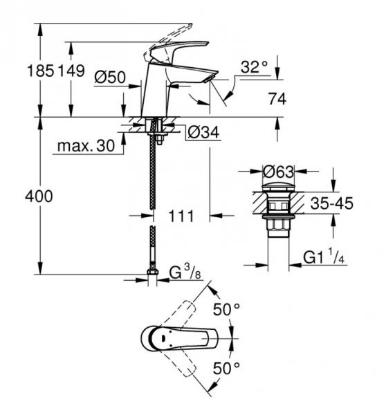 Grohe Eurosmart h&aring;ndvaskarmatur m/push open bundventil