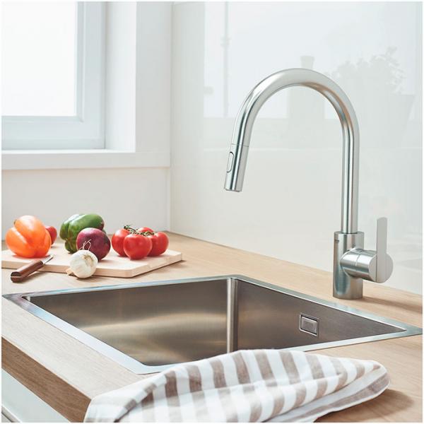 Grohe Feel k&oslash;kkenarmatur m/udtr&aelig;k og svingtud - Steel