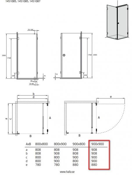 Hafa Infinity bruseniche m/fast v&aelig;g - Klar glas - Messing - 90x90 cm